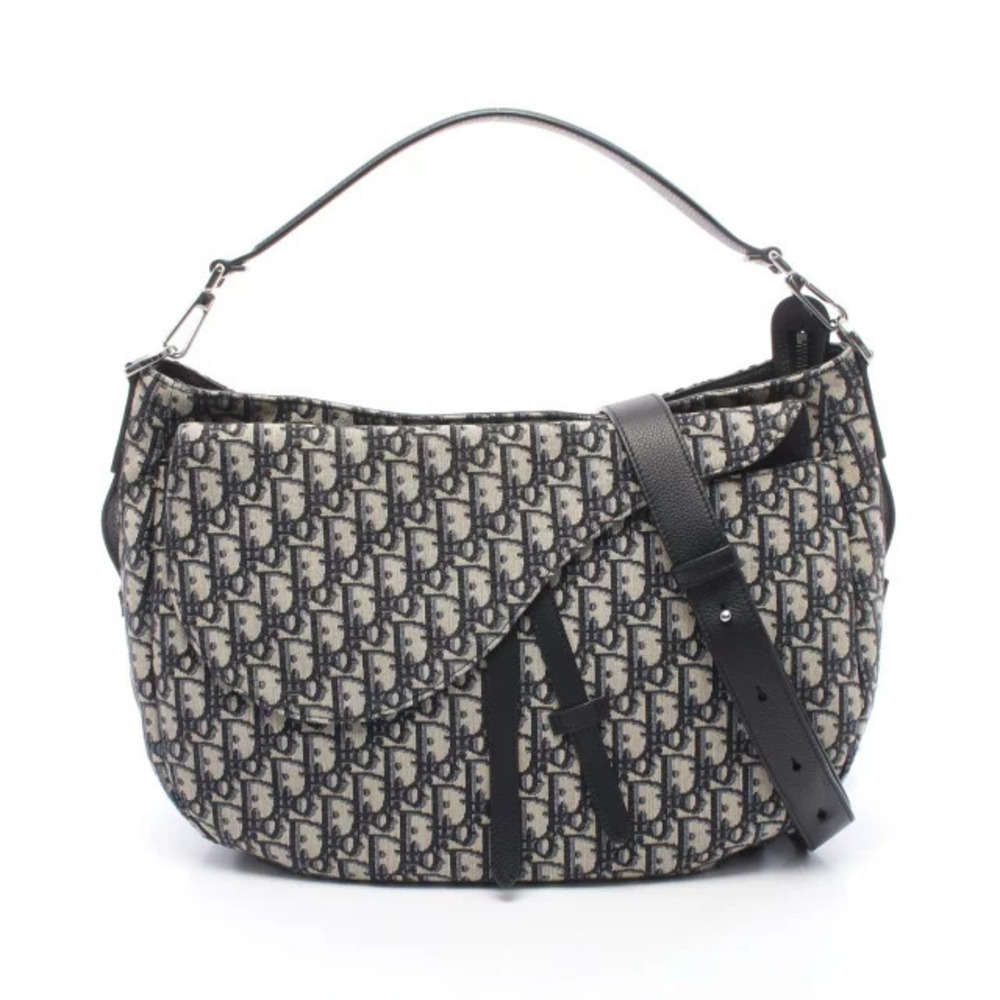 Christian Dior SADDLE Oblique Shoulder Bag Canvas Leather Navy Blue Beige Cream